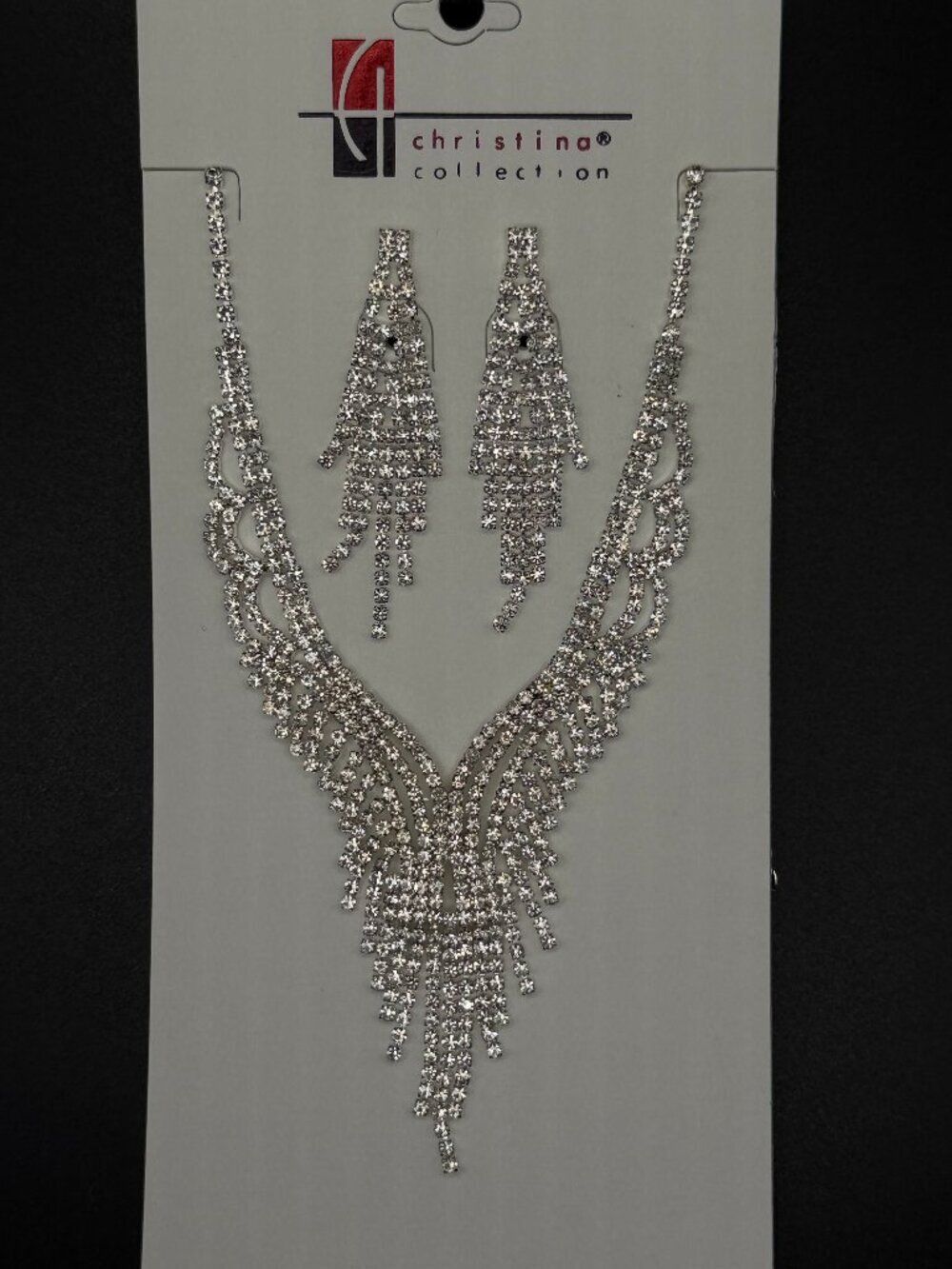 Christina Collection Silver Tone Rhinestone Fringe Statement Necklace & Earrings